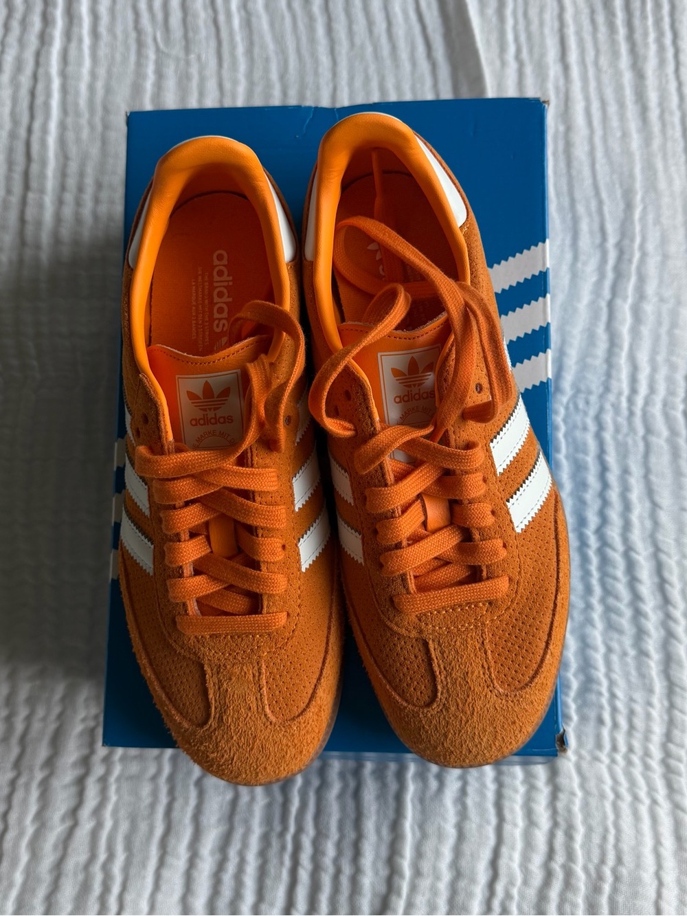 adidas Orange Suede Sneakers with White Stripes